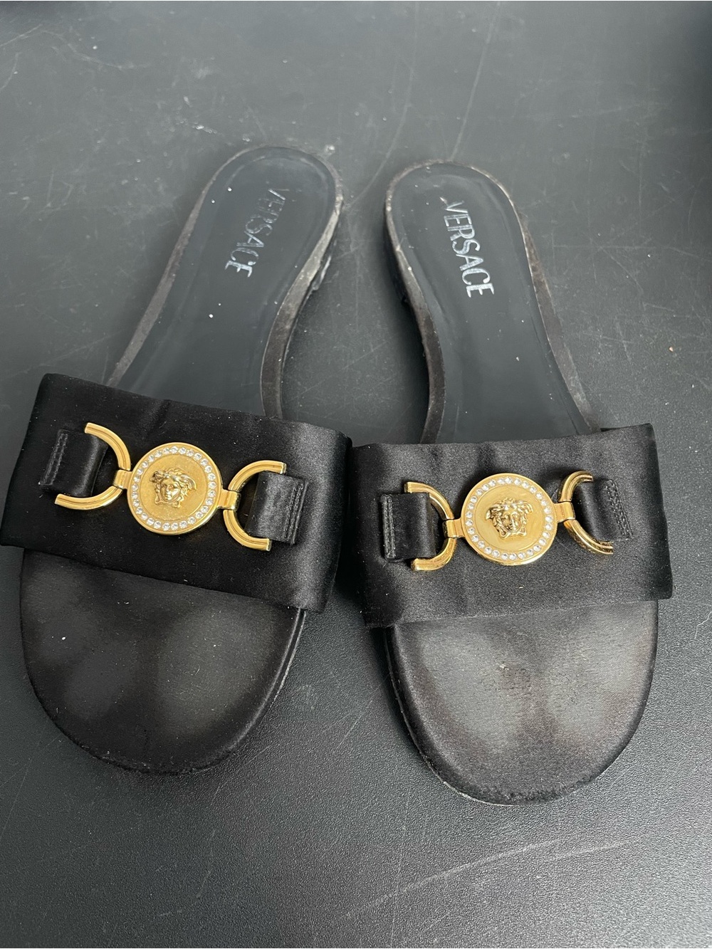 Versace Black flat Satin Slide size 39 Sandals with Gold Medusa Hardware